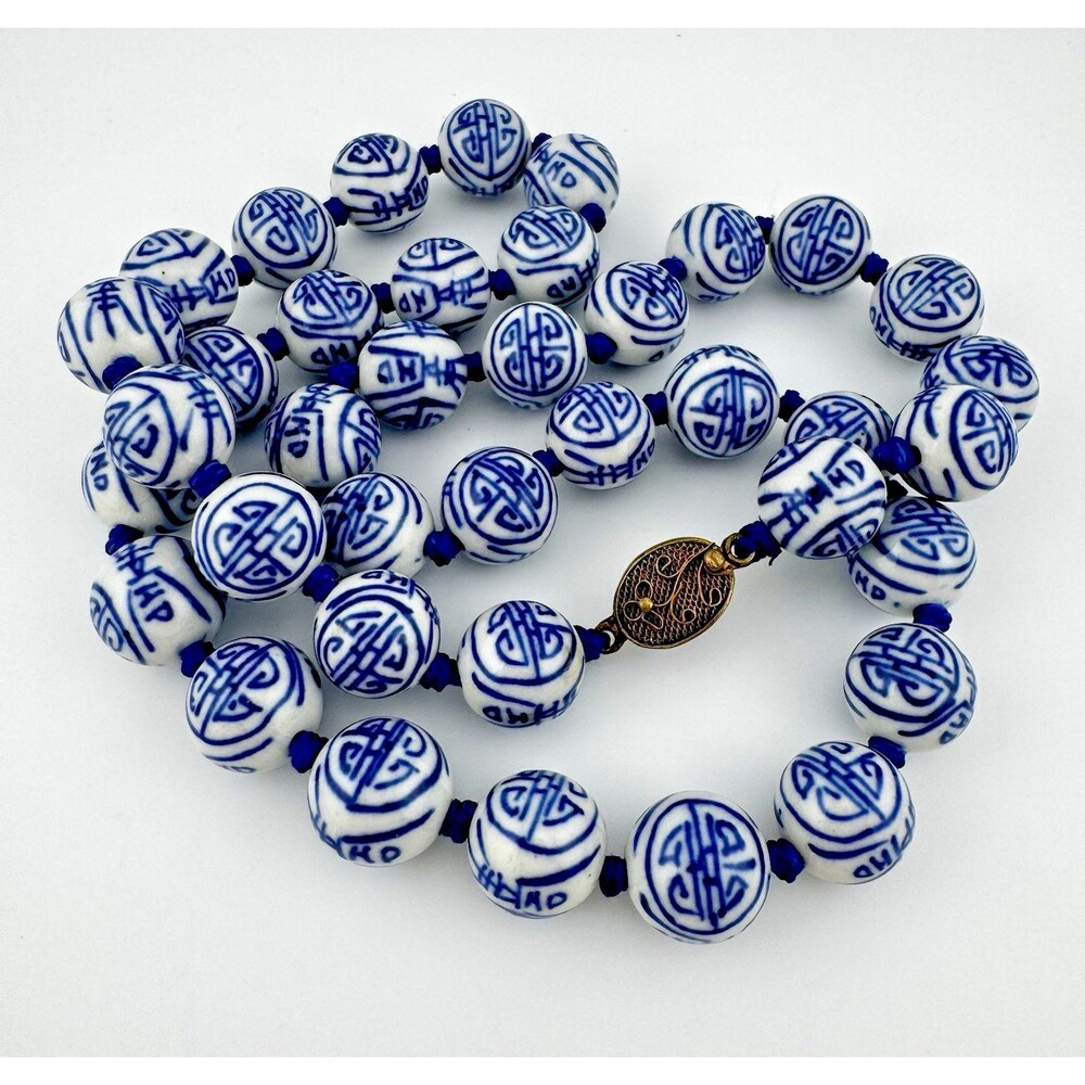 Vintage Chinese Export Blue Porcelain Shou Longevity Bead Necklace Hand Knotted